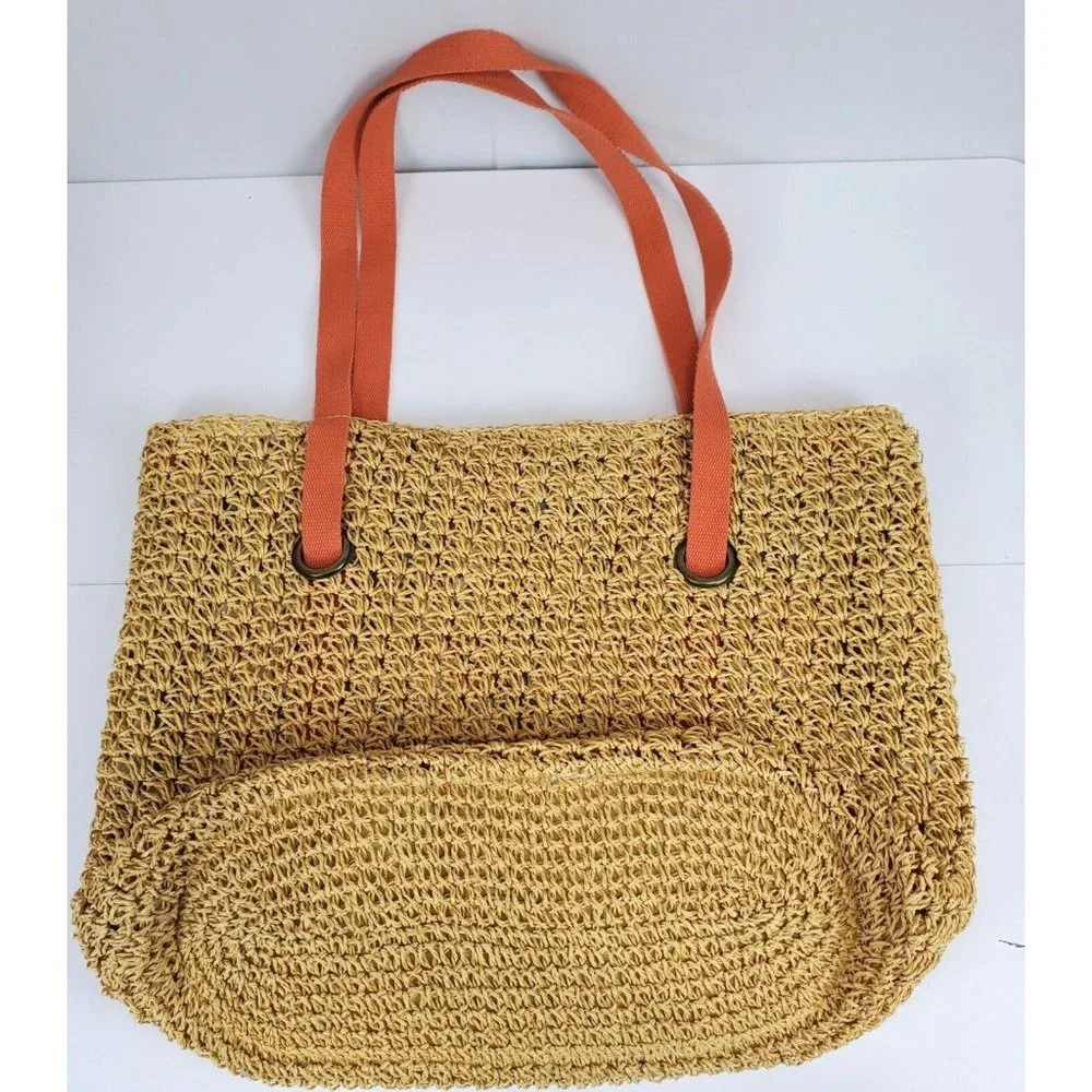 Kirra Paper Straw Tote XLarge‎ Tan Boho Bag Canvas Coral Strap Beach Travel